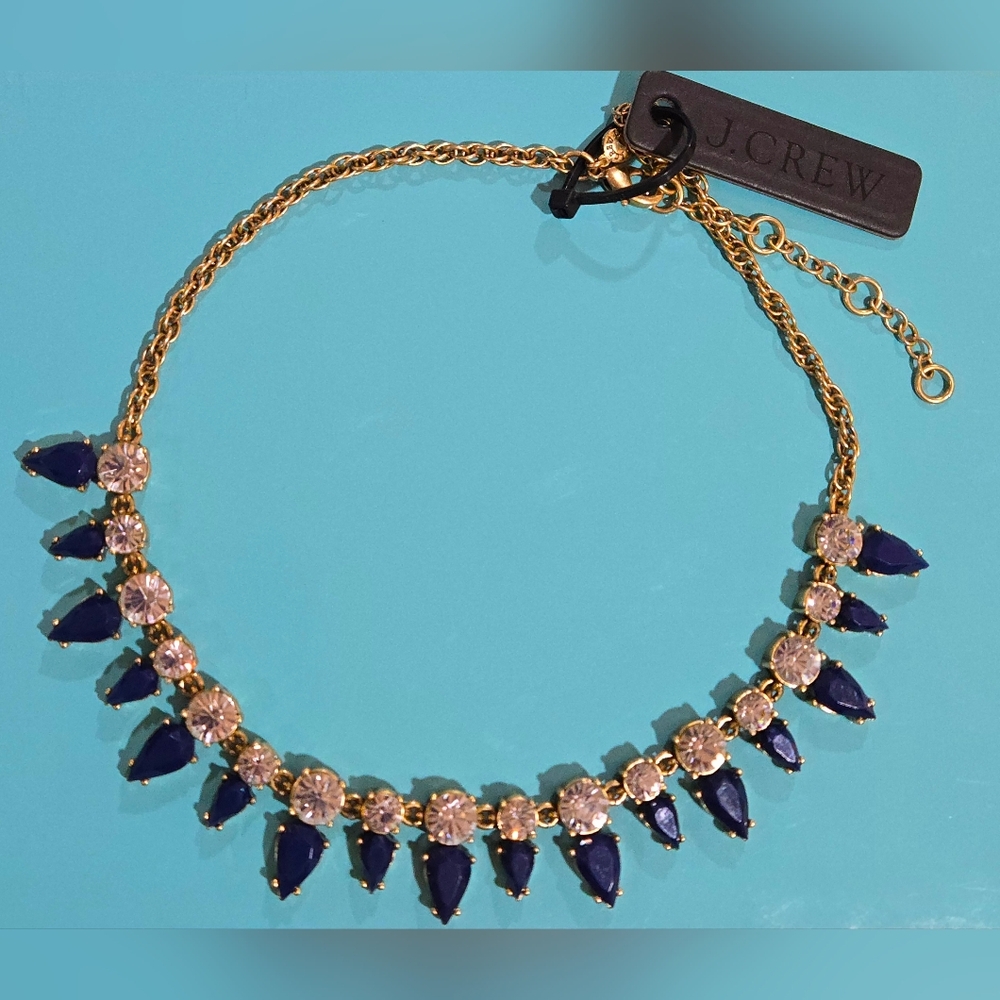 J.Crew Navy Blue & Sparkling Crystal Teardrop Statement Necklace | Gold Tone NWT